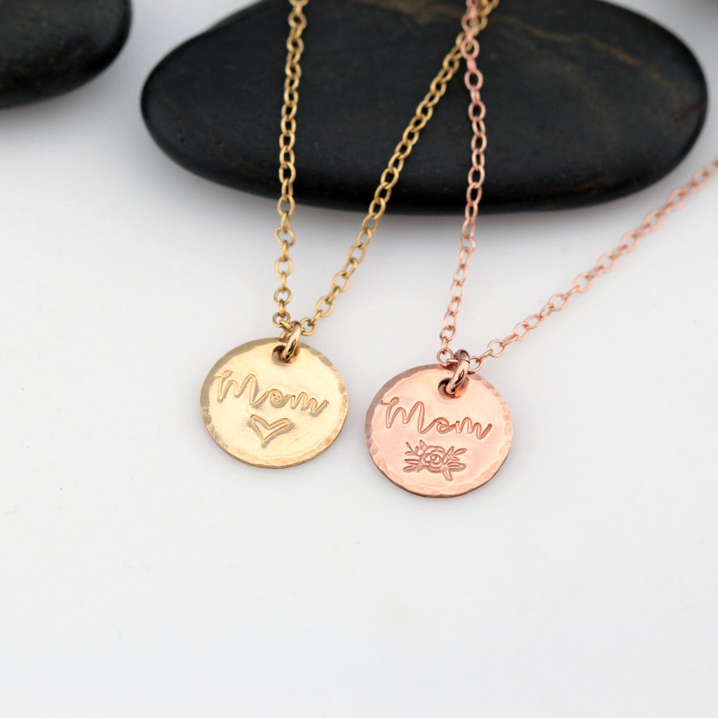 Dainty 0.5" GF Mom Necklace - Hand Stamped