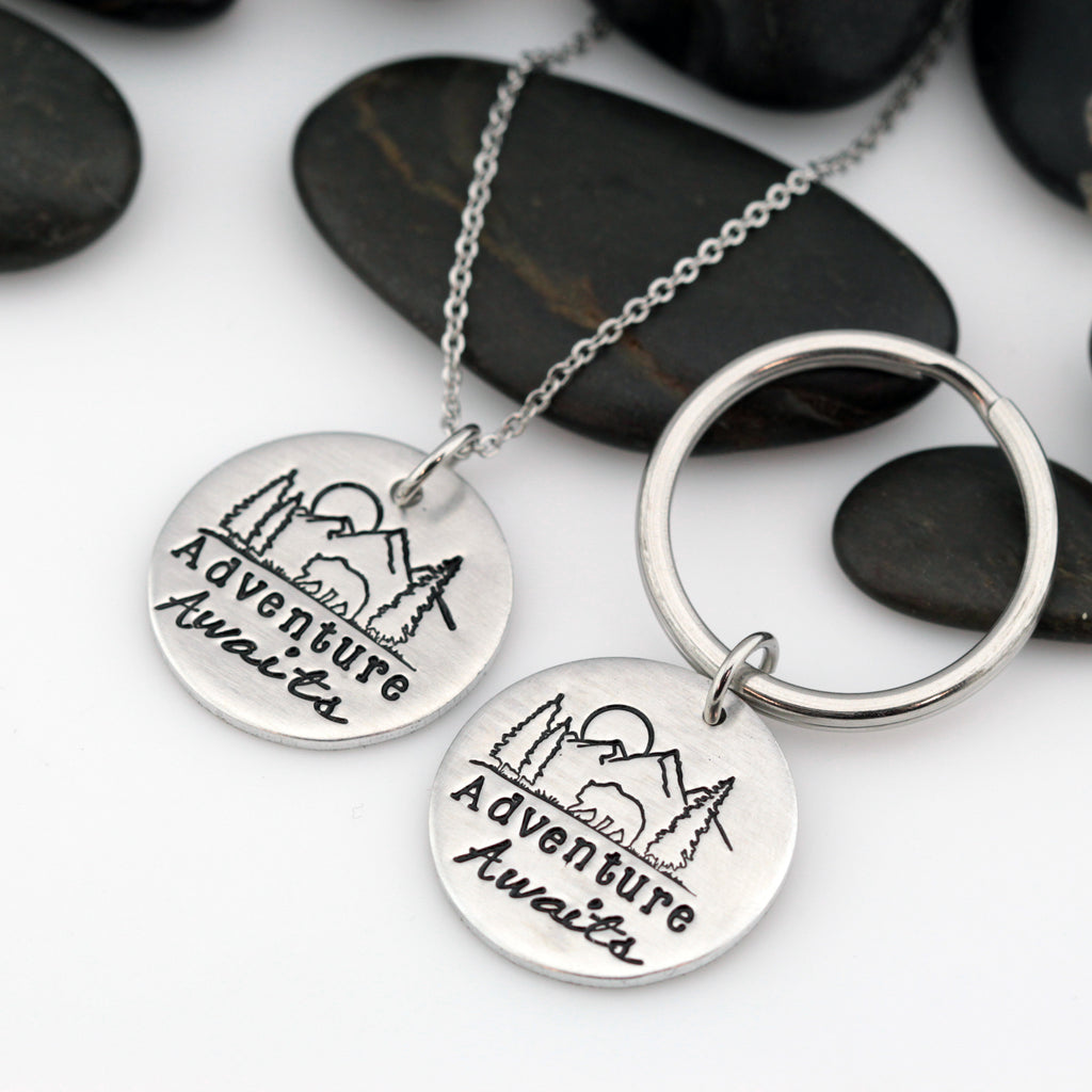 Adventure Awaits | Adventure and Outdoor Lovers Gift Idea | Mountain Scenery Keychain OR Necklace - Hand Stamped