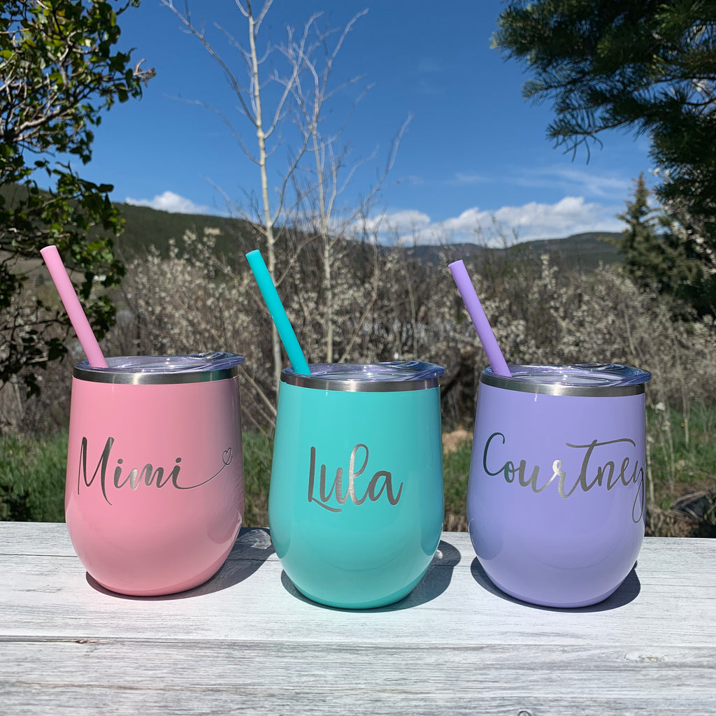 Personalized Name | Engraved 12oz Stainless Steel Wine Glass Tumbler - Hand Stamped