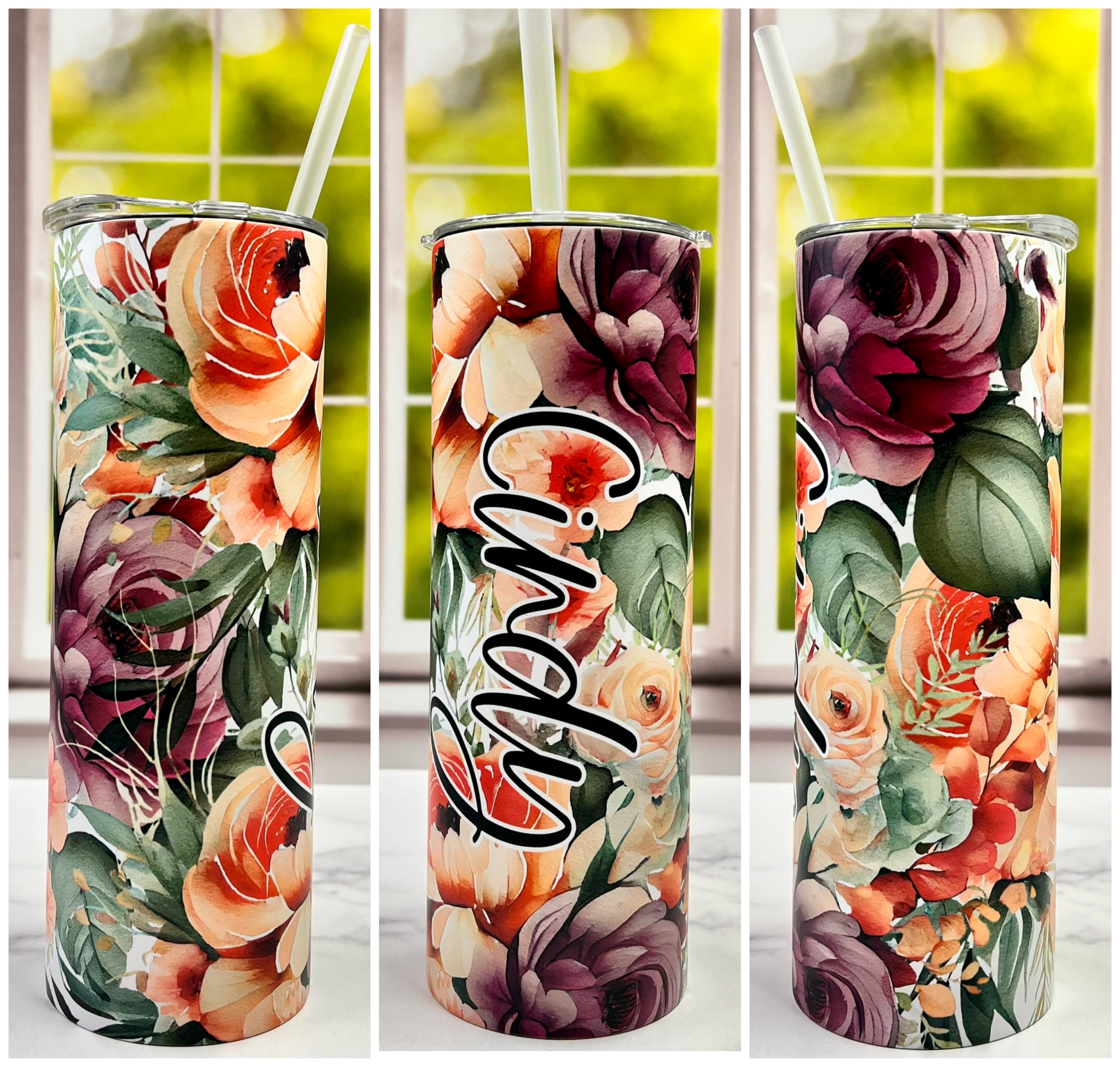 Personalized Floral Initial Tumbler with Handle, Design: K4