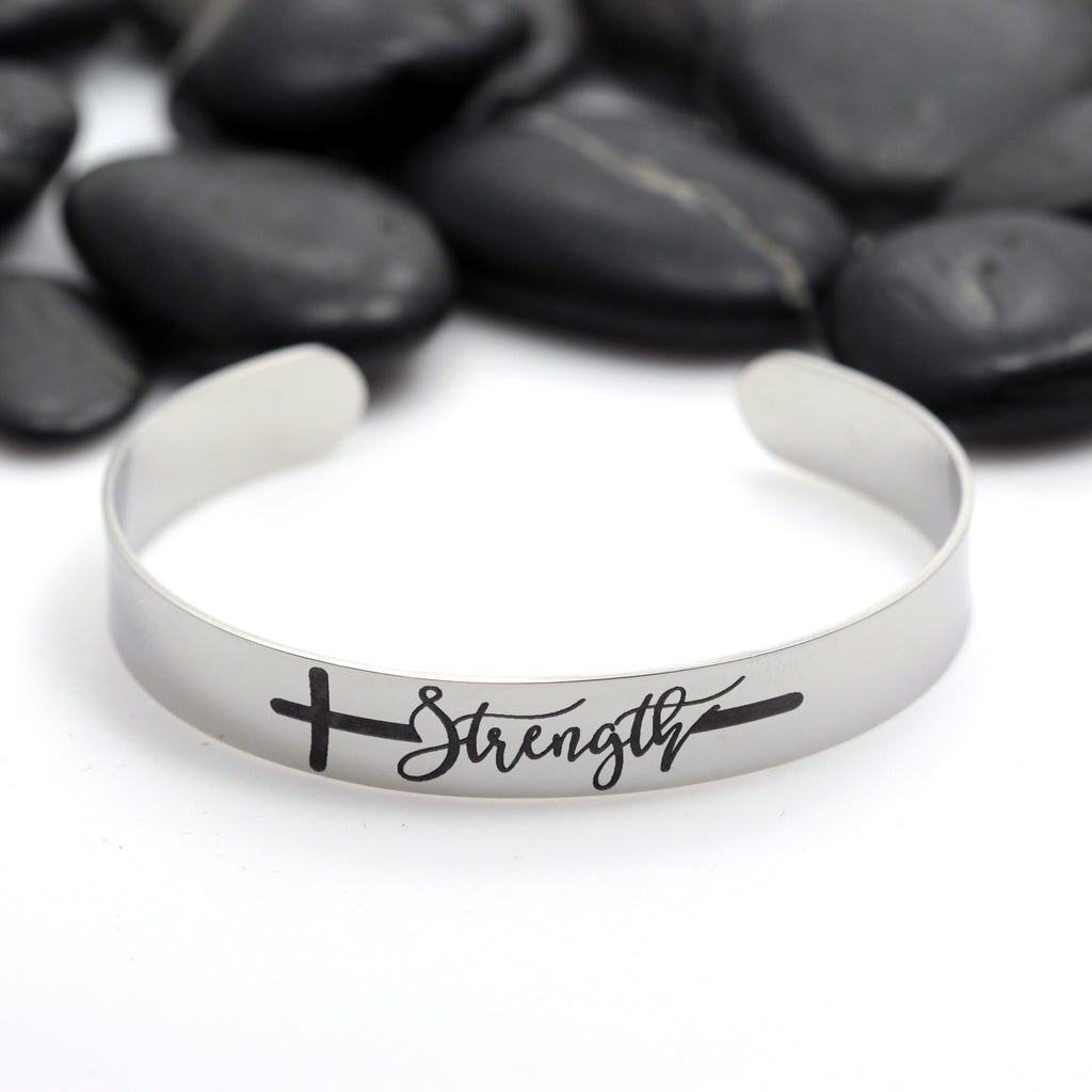 Strength CROSS | Religious | Motivational Statement | Engraved Cuff Bracelet - Hand Stamped