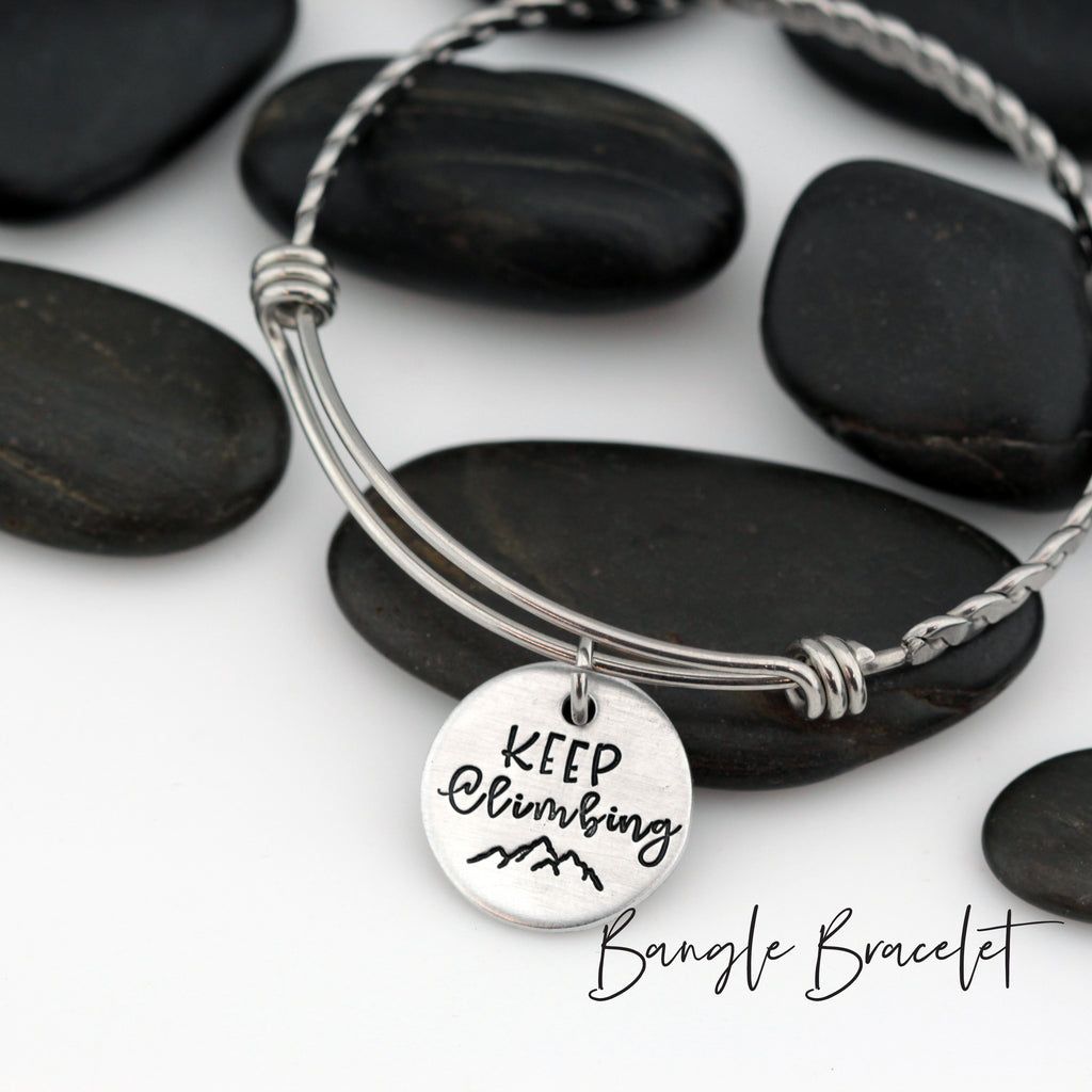 Keep Climbing | Adventure and Outdoor Lovers Gift Idea | Mountain Scenery - Necklace | Expandable Bangle | Bracelet - Hand Stamped