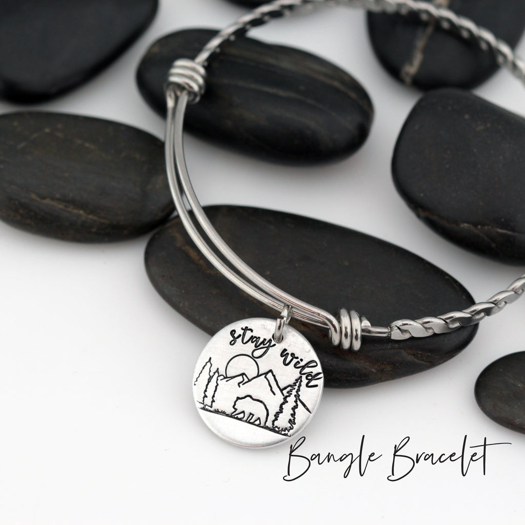 Stay Wild | Adventure and Outdoor Lovers Gift Idea | Mountain Scenery - Necklace | Expandable Bangle | Bracelet - Hand Stamped