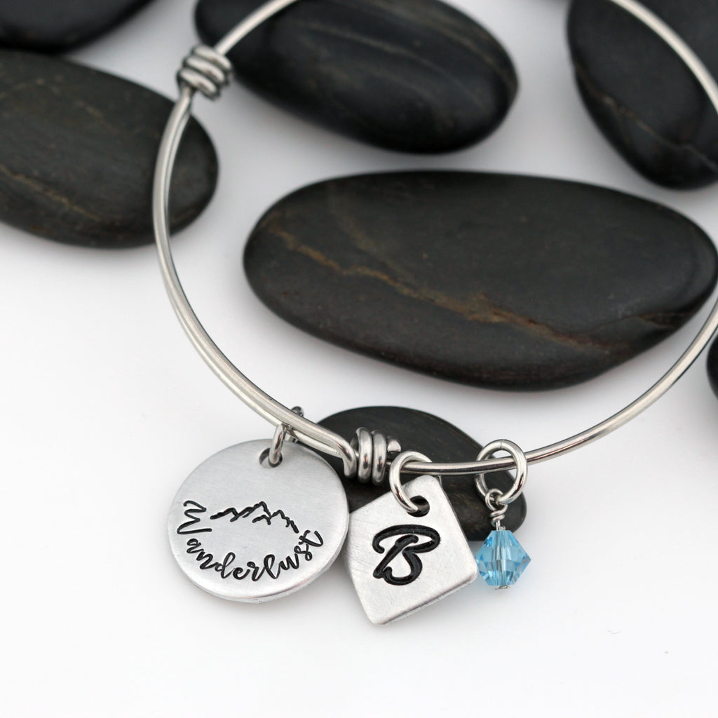 Wanderlust | Adventure and Outdoor Lovers Gift Idea | Mountain Scenery - Personalized Expandable Bangle Bracelet - Hand Stamped