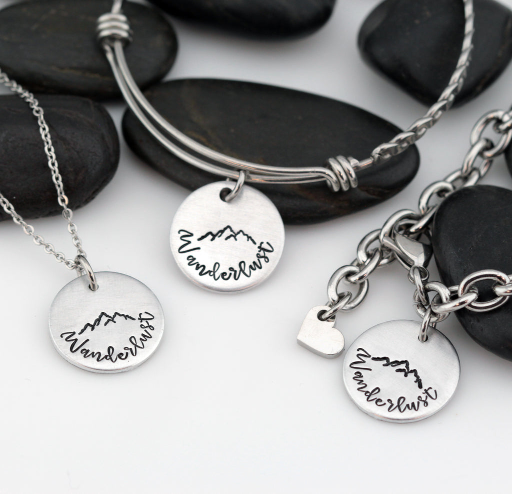 Wanderlust | Adventure and Outdoor Lovers Gift Idea | Mountain Scenery - Necklace | Expandable Bangle | Bracelet - Hand Stamped