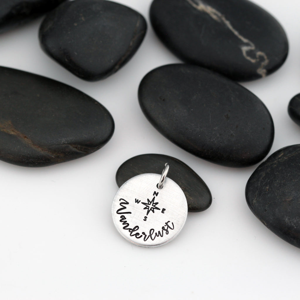 Wanderlust With Compass | Adventure and Outdoor Lovers Gift Idea | Mountain Scenery - Charm - Hand Stamped