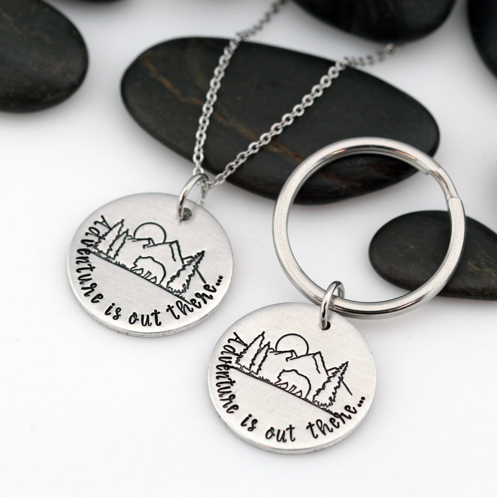 Adventure Is Out There | Adventure and Outdoor Lovers Gift Idea | Mountain Scenery Keychain OR Necklace - Hand Stamped