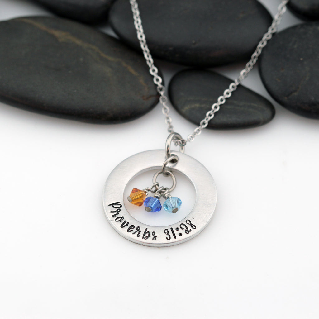 Religious Bible Verse | Personalized Mother's Washer Necklace With Birthstones - Hand Stamped