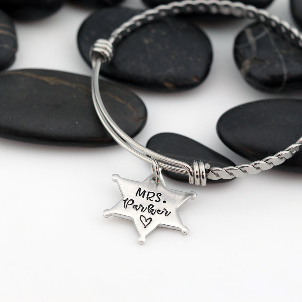 Mrs. Name Bangle | Maltese Cross | Firefighter | Police Officer Badge | Deputy Sheriff Badge - Hand Stamped