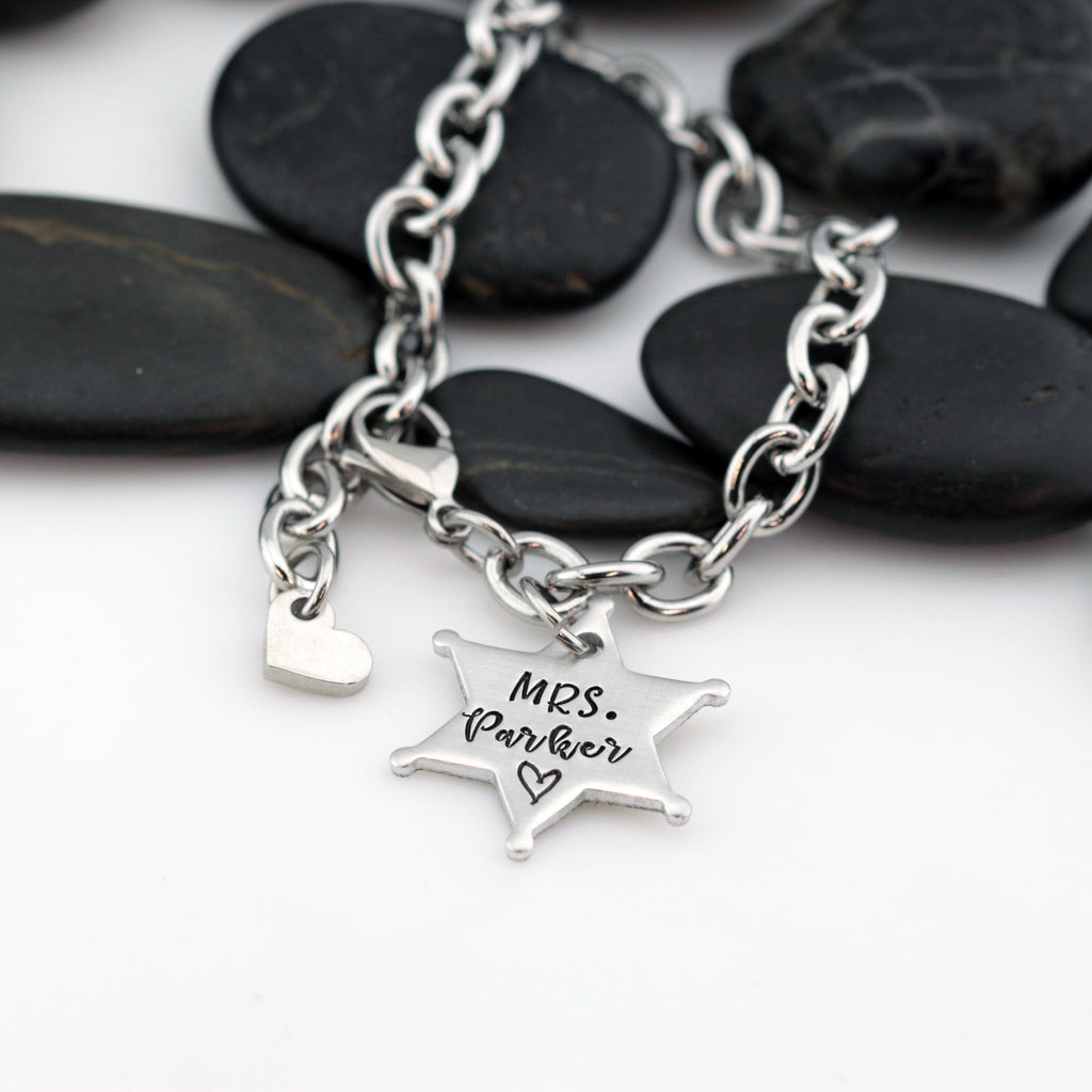 Mrs. Name Bracelet | Maltese Cross | Firefighter | Police Officer Badge | Deputy Sheriff Badge - Hand Stamped