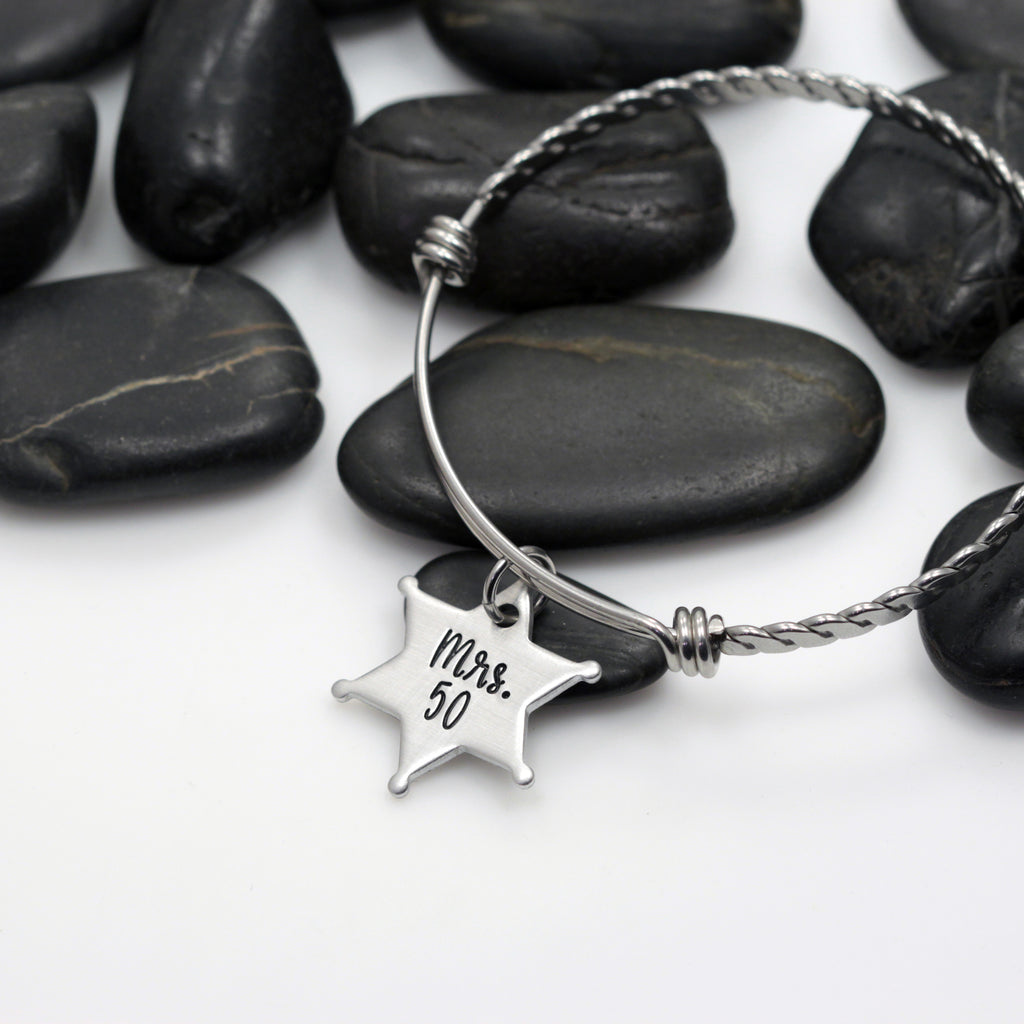 Mrs. Number Bangle | Maltese Cross | Firefighter | Police Officer Badge | Deputy Sheriff Badge - Hand Stamped