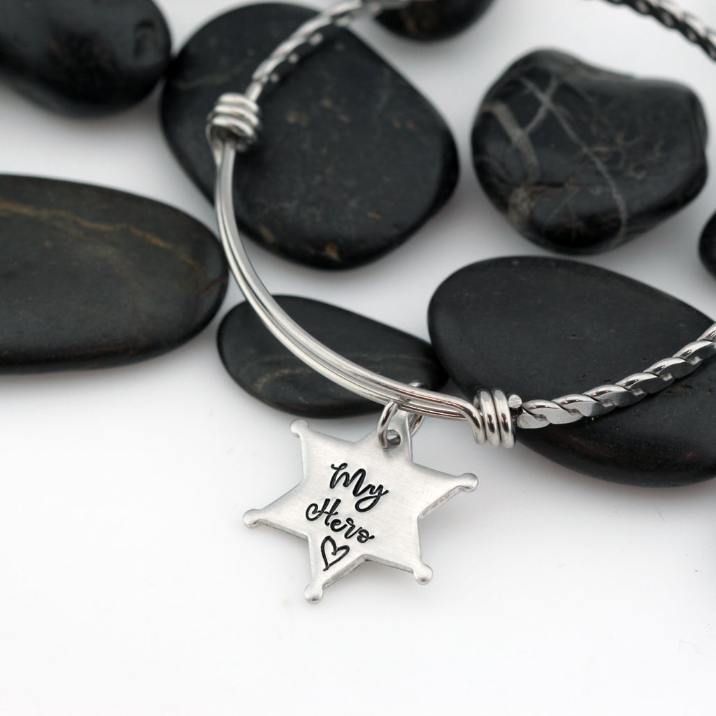 My Hero Bangle | Maltese Cross | Firefighter | Police Officer Badge | Deputy Sheriff Badge | Dog Tag - Hand Stamped