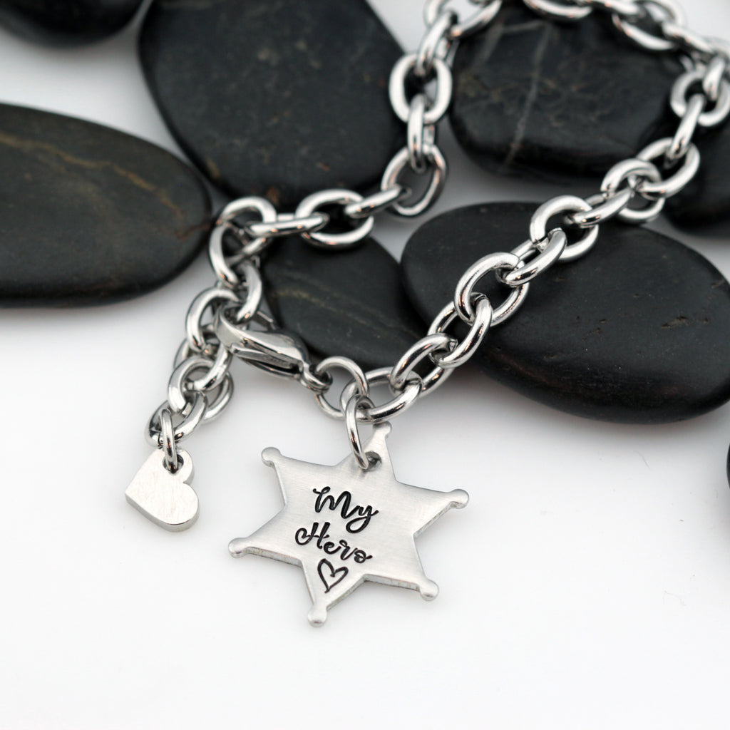 My Hero Bracelet | Maltese Cross | Firefighter | Police Officer Badge | Deputy Sheriff Badge | Dog Tag - Hand Stamped