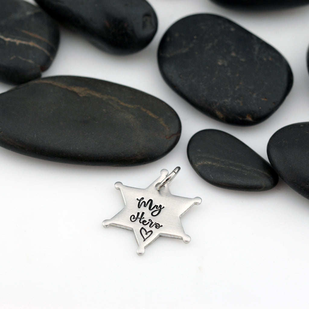 My Hero Charm | Maltese Cross | Firefighter | Police Officer Badge | Deputy Sheriff Badge | Dog Tag - Hand Stamped