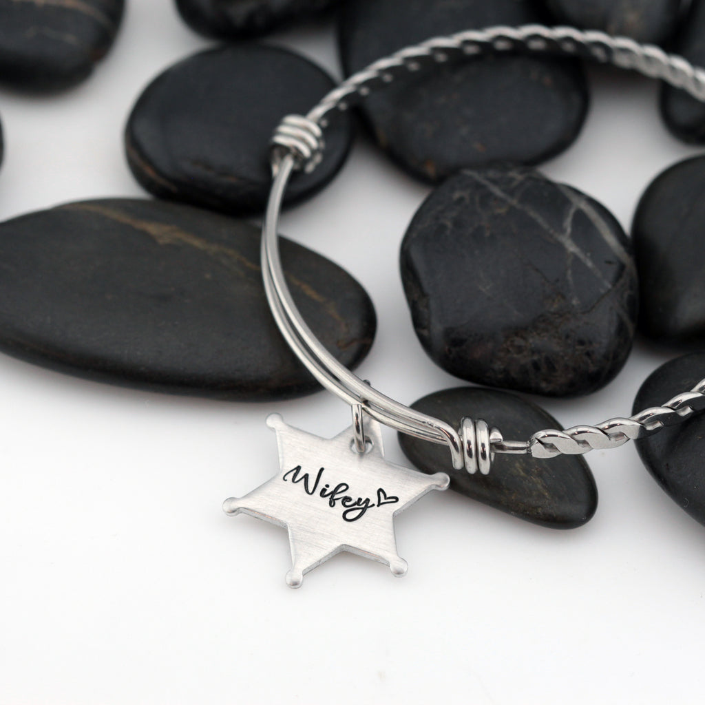 Wifey Bangle | Maltese Cross | Firefighter | Police Officer Badge | Deputy Sheriff Badge | Dog Tag - Hand Stamped