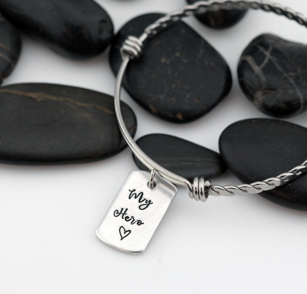 My Hero Bangle | Maltese Cross | Firefighter | Police Officer Badge | Deputy Sheriff Badge | Dog Tag - Hand Stamped