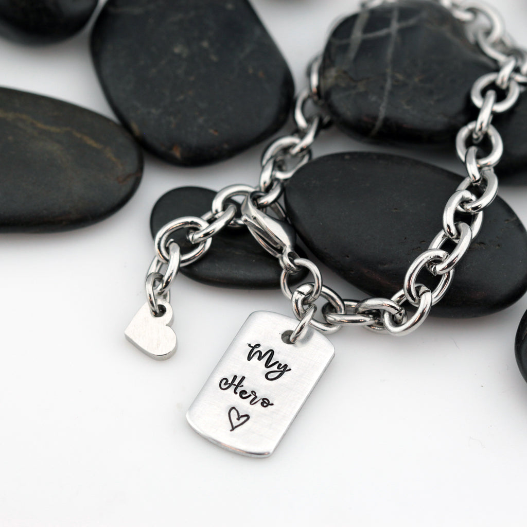 My Hero Bracelet | Maltese Cross | Firefighter | Police Officer Badge | Deputy Sheriff Badge | Dog Tag - Hand Stamped