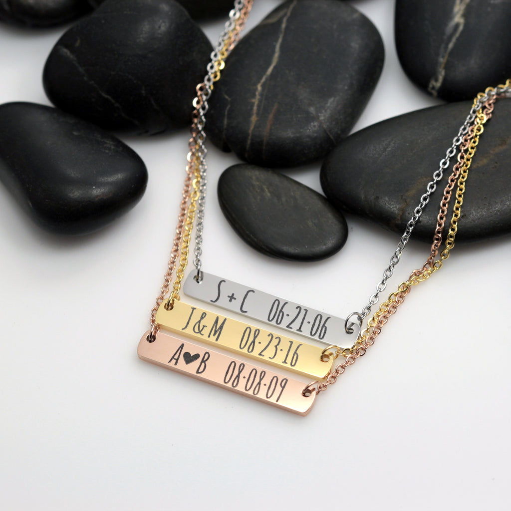 Personalized Date And Initials Bar Necklace - Hand Stamped