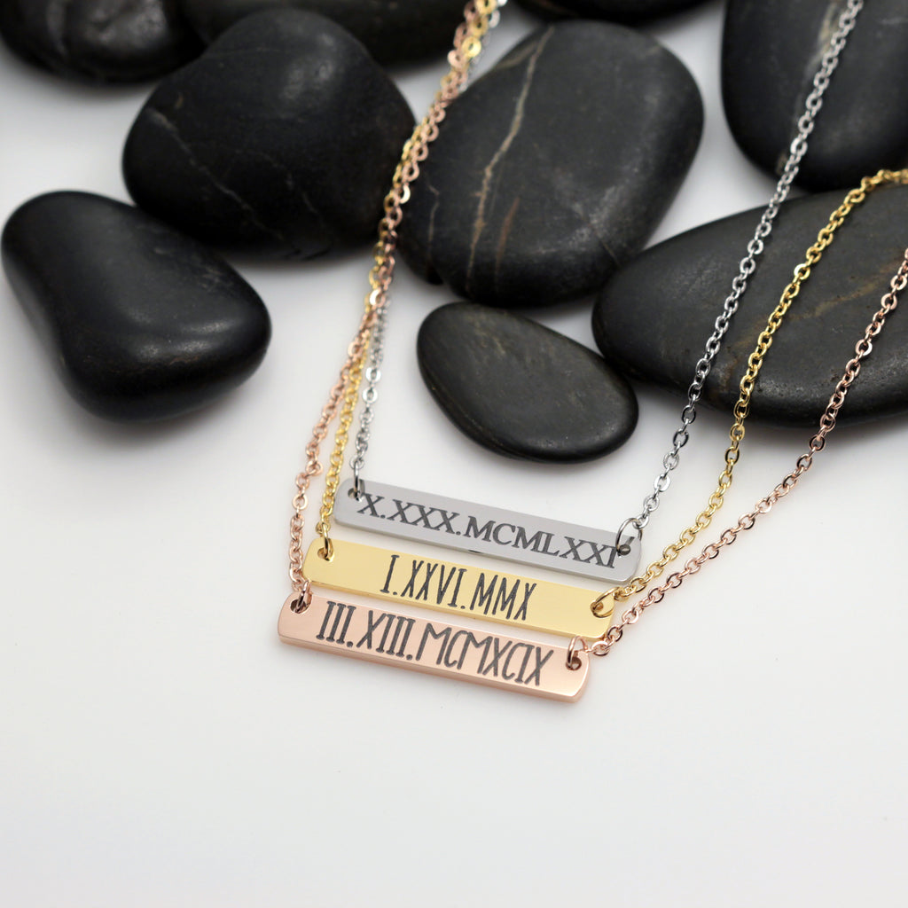 Personalized Roman Numerals Date Bar Necklace - Hand Stamped