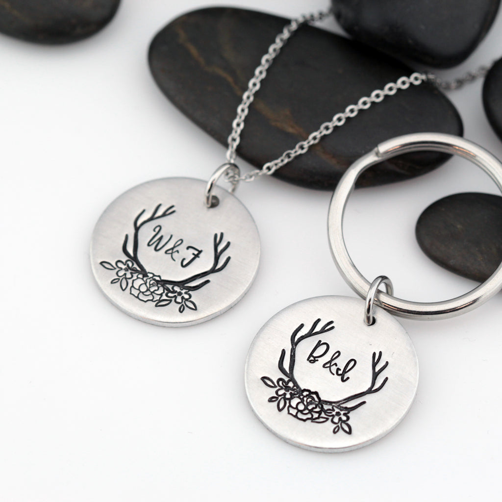 Floral Antlers Personalized Monogram Couples Initial Keychain - Hand Stamped