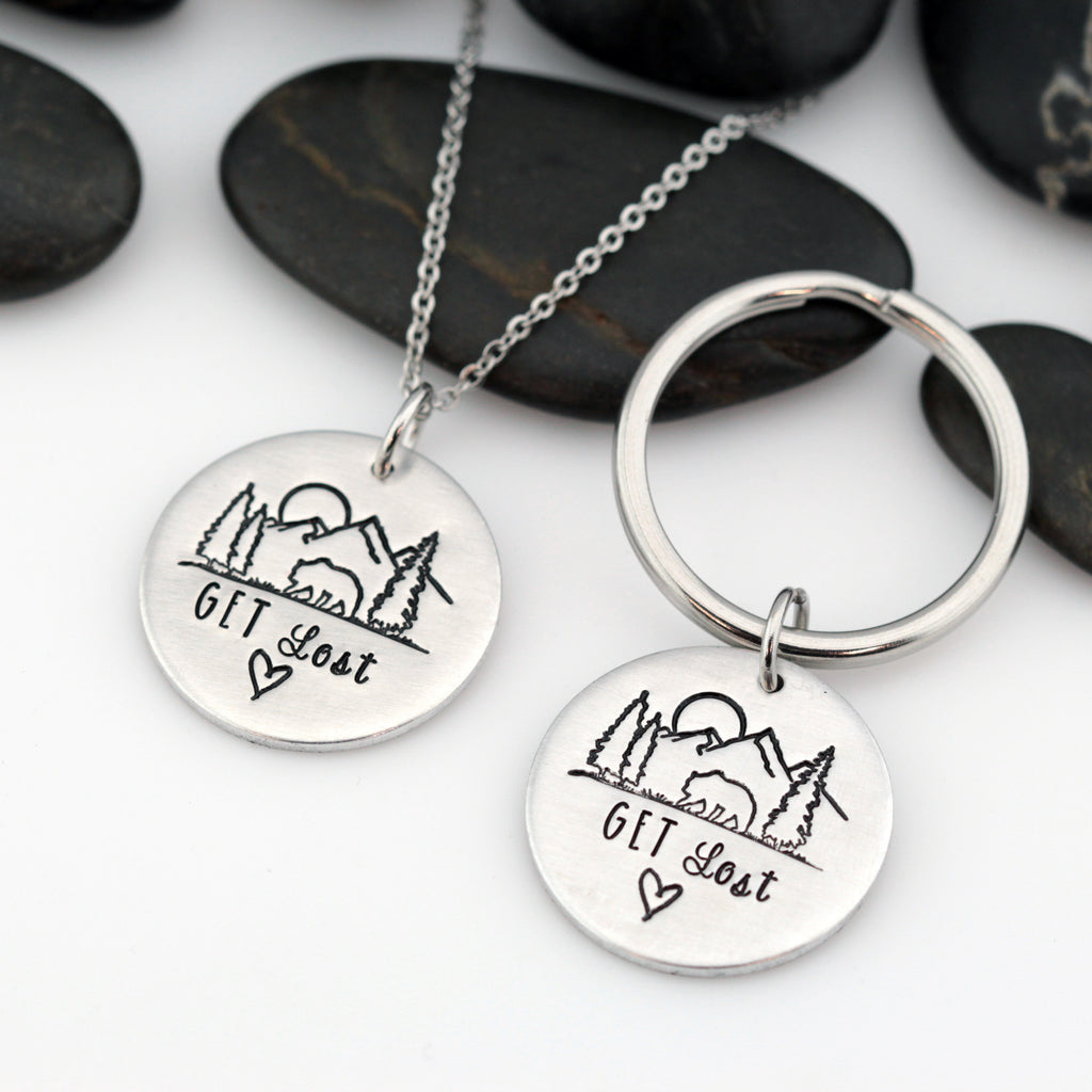 Get Lost | Adventure and Outdoor Lovers Gift Idea | Mountain Scenery Keychain OR Necklace - Hand Stamped