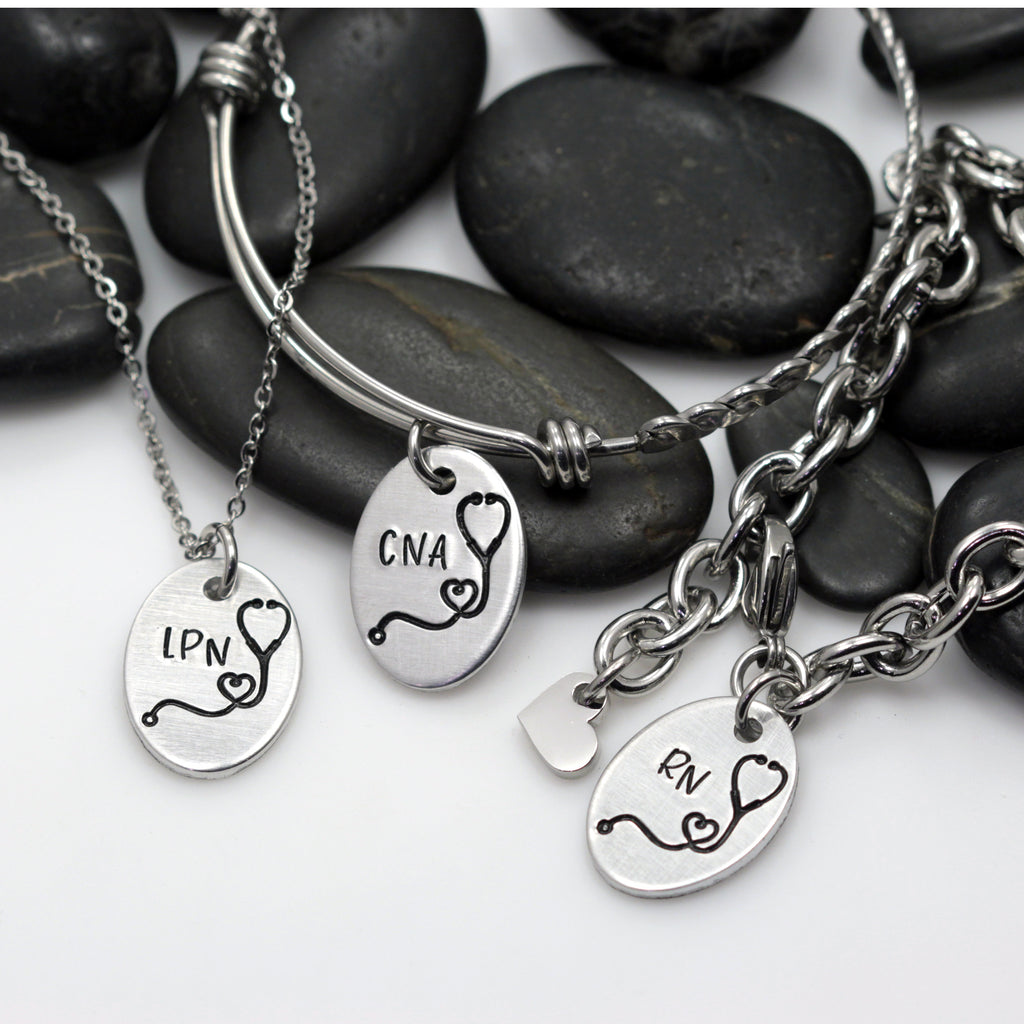 Heart Stethoscope | RN | Nurse Appreciation - Necklace | Expandable Bangle | Bracelet - Hand Stamped