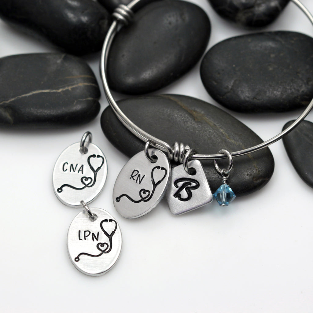 Heart Stethoscope RN | Nurse Appreciation - Personalized Expandable Bangle Bracelet - Hand Stamped