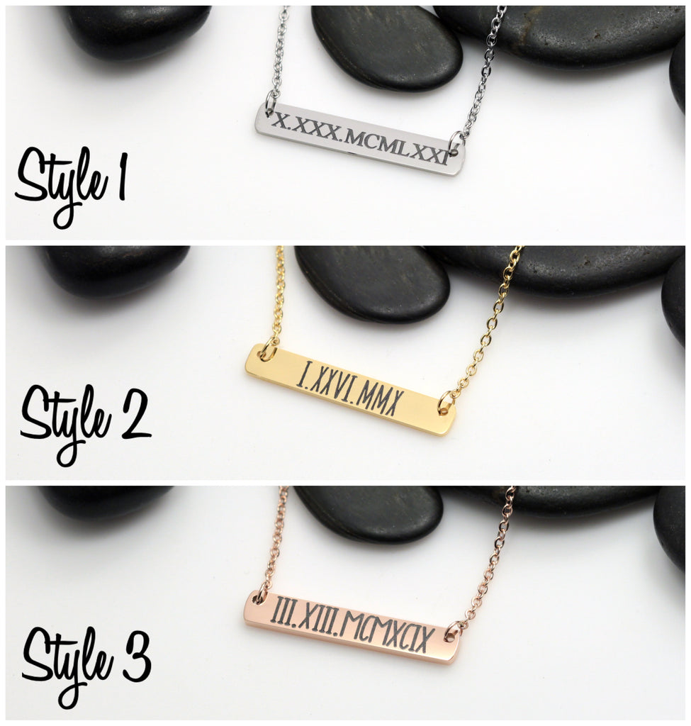 Personalized Roman Numerals Date Bar Necklace - Hand Stamped