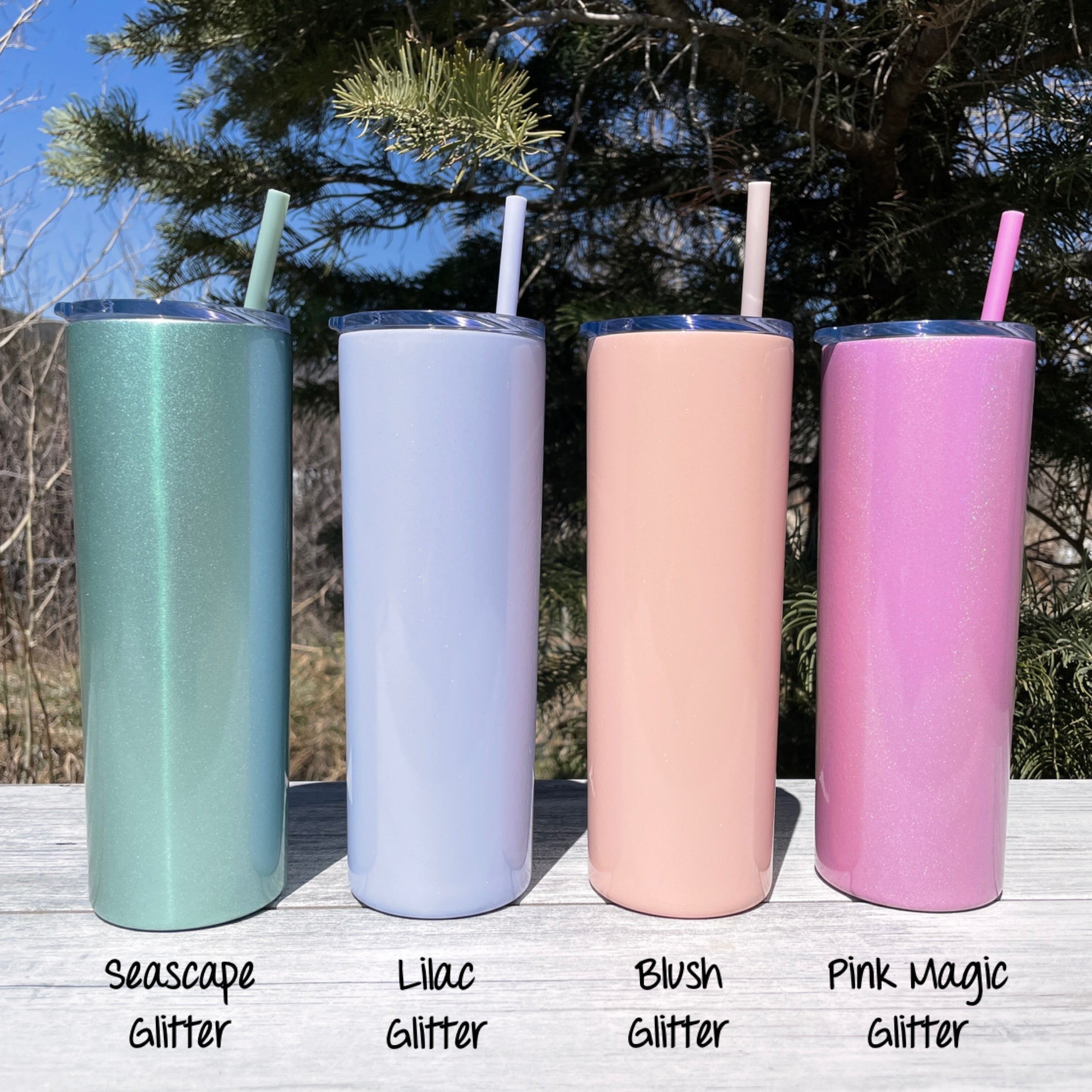 Personalized Glitter Stainless Steel Skinny Tumbler with Straw