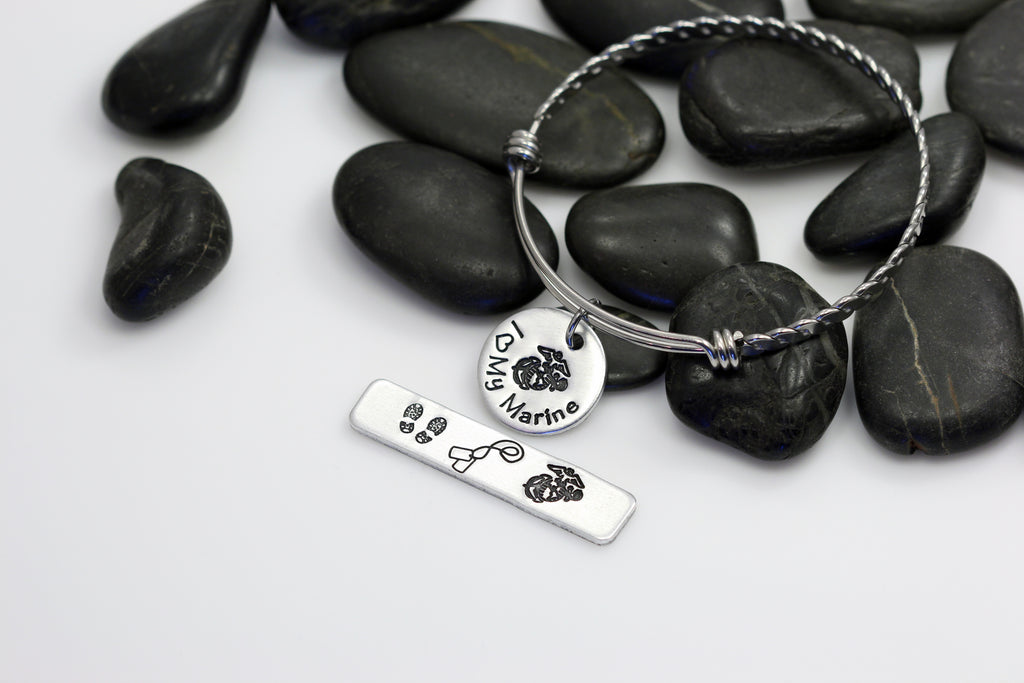 I Love My Marine Hand Stamped | Custom | Expandable Bangle Bracelet - Hand Stamped