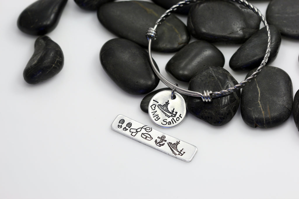 I Love My Sailor Hand Stamped | Custom | Expandable Bangle Bracelet - Hand Stamped