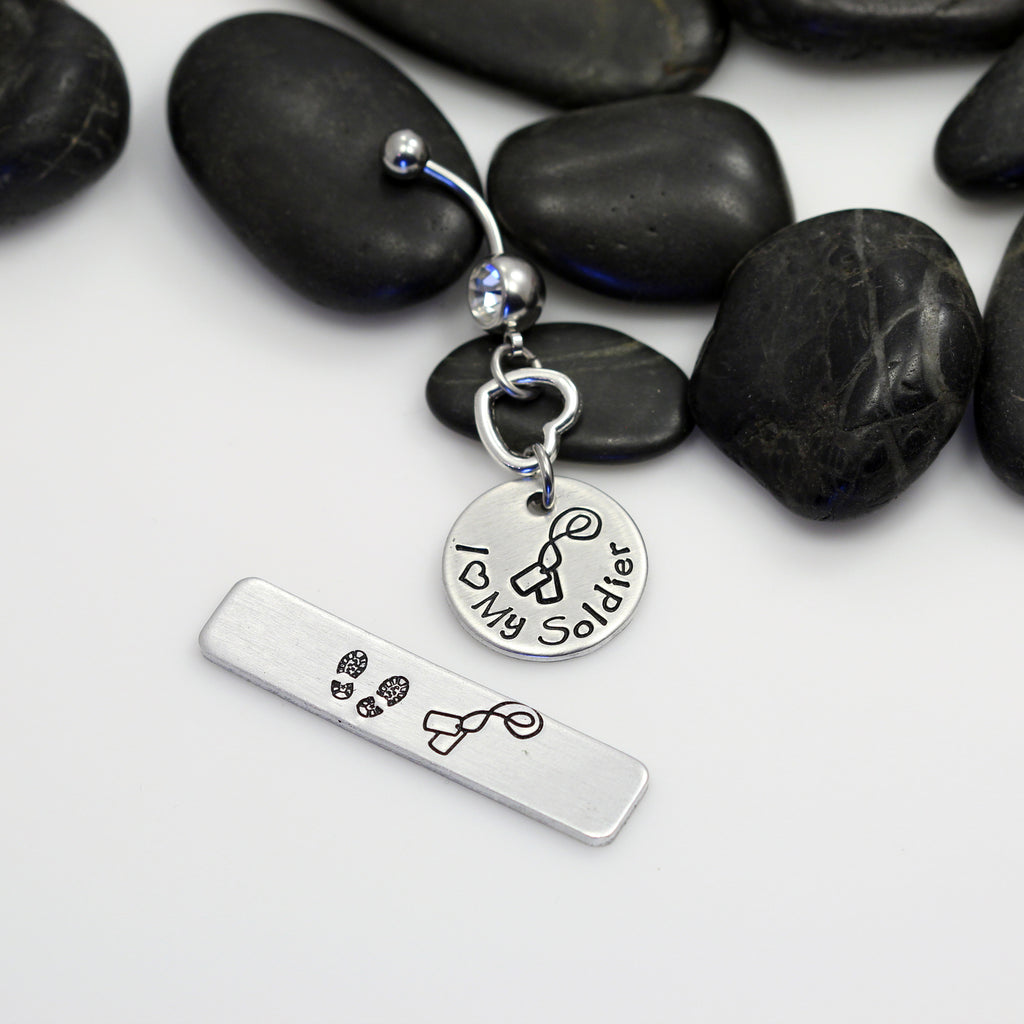 I Love My Soldier Hand Stamped | Custom | ARMY Belly Ring - Hand Stamped