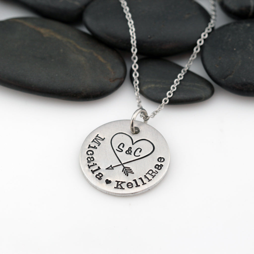 Arrow Heart | Personalized Names With Initials | Custom Mother's Necklace - Hand Stamped