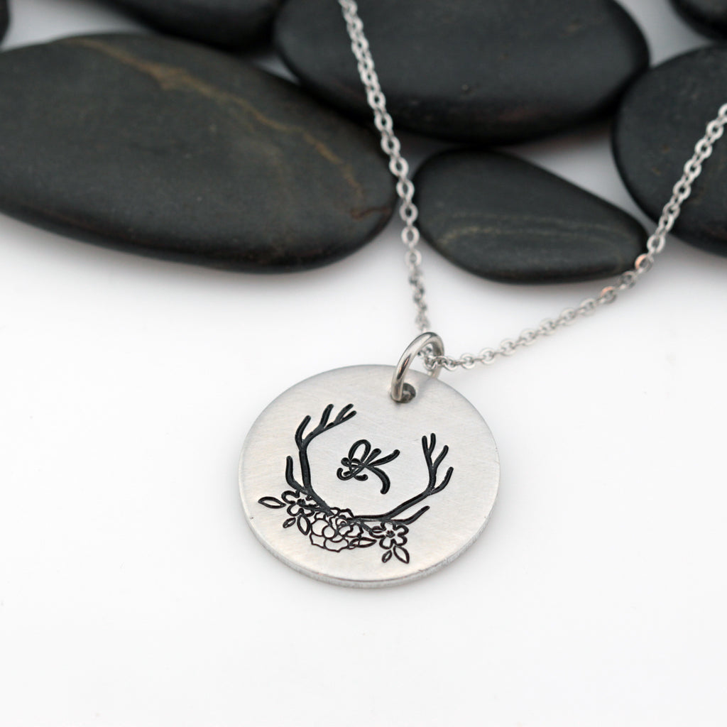 Boho Antlers Personalized Monogram Initial Necklace - Hand Stamped