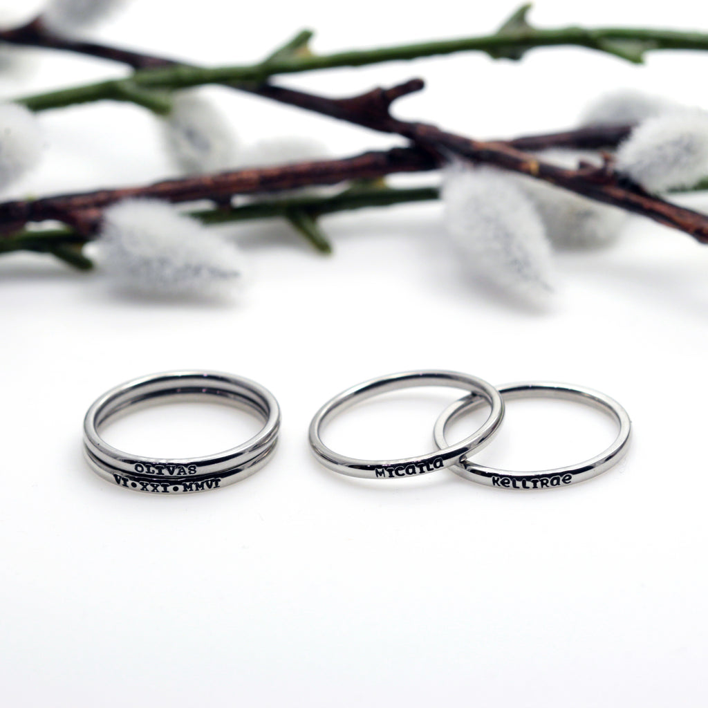 2mm Dainty Personalized Tiny Thin Stackable Stainless Steel Name Ring(s) - Hand Stamped
