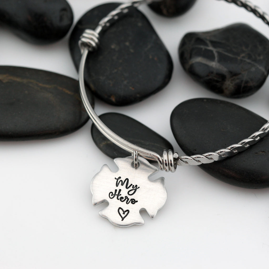 My Hero Bangle | Maltese Cross | Firefighter | Police Officer Badge | Deputy Sheriff Badge | Dog Tag - Hand Stamped