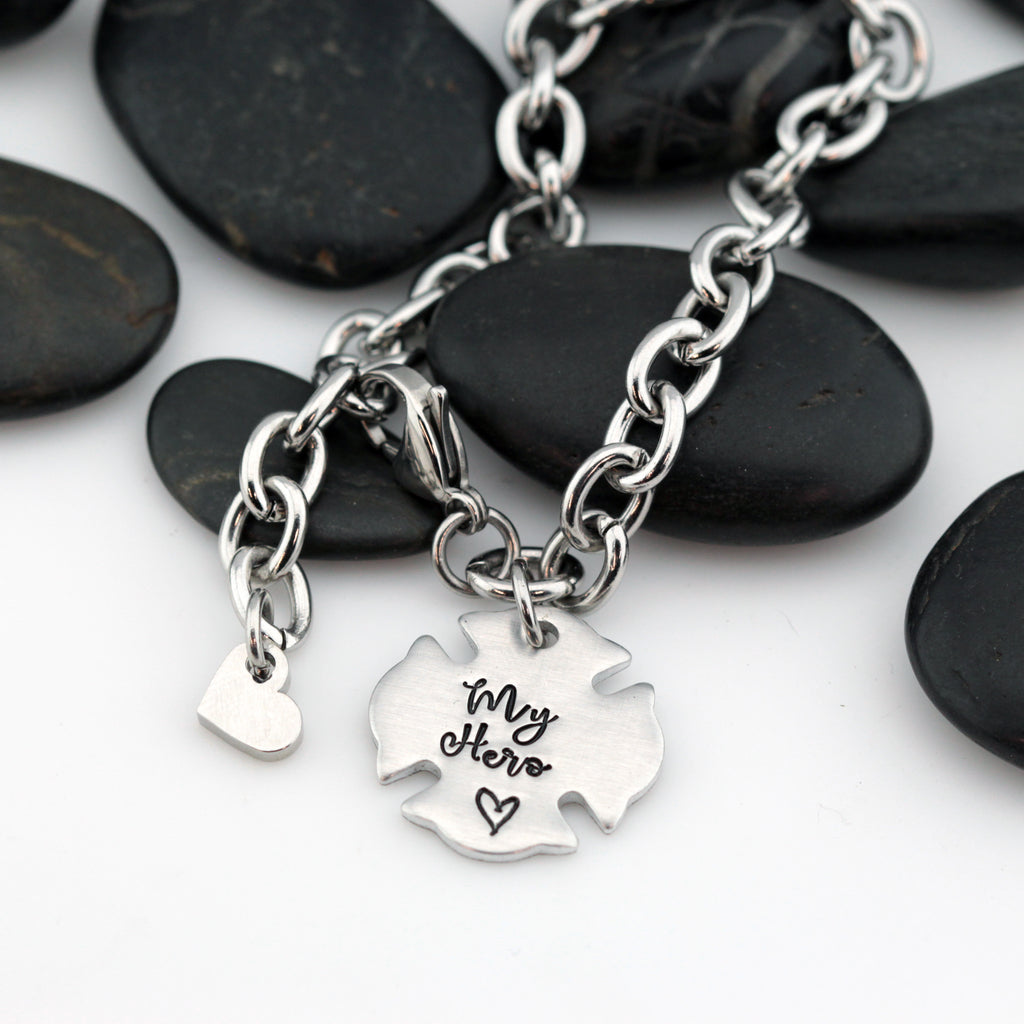 My Hero Bracelet | Maltese Cross | Firefighter | Police Officer Badge | Deputy Sheriff Badge | Dog Tag - Hand Stamped