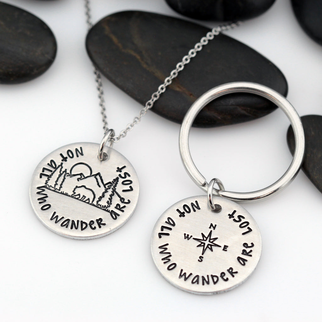 Not All Who Wander Are Lost | Adventure and Outdoor Lovers Gift Idea | Mountain Scenery Compass Keychain OR Necklace - Hand Stamped