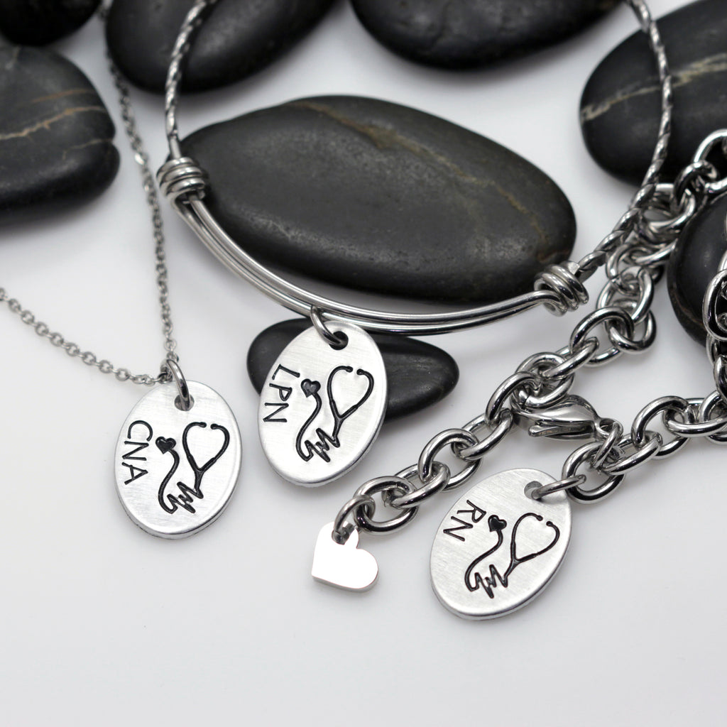 Heartbeat Stethoscope | RN | Nurse Appreciation - Necklace | Expandable Bangle | Bracelet - Hand Stamped