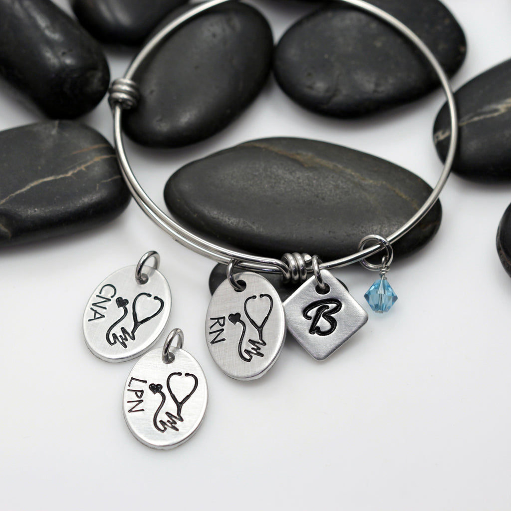Heartbeat Stethoscope RN | Nurse Appreciation - Personalized Expandable Bangle Bracelet - Hand Stamped