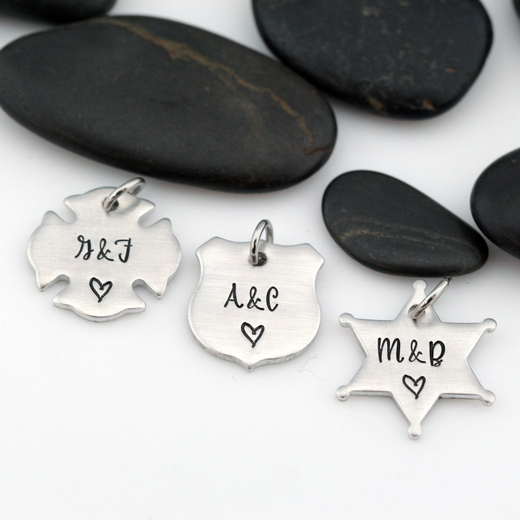 Couples Initials Charm | Maltese Cross | Firefighter | Police Officer Badge | Deputy Sheriff Badge - Hand Stamped