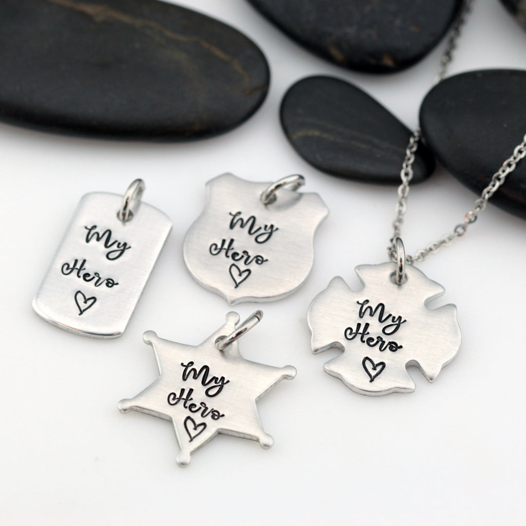 My Hero Necklace | Maltese Cross | Firefighter | Police Officer Badge | Deputy Sheriff Badge | Dog Tag - Hand Stamped