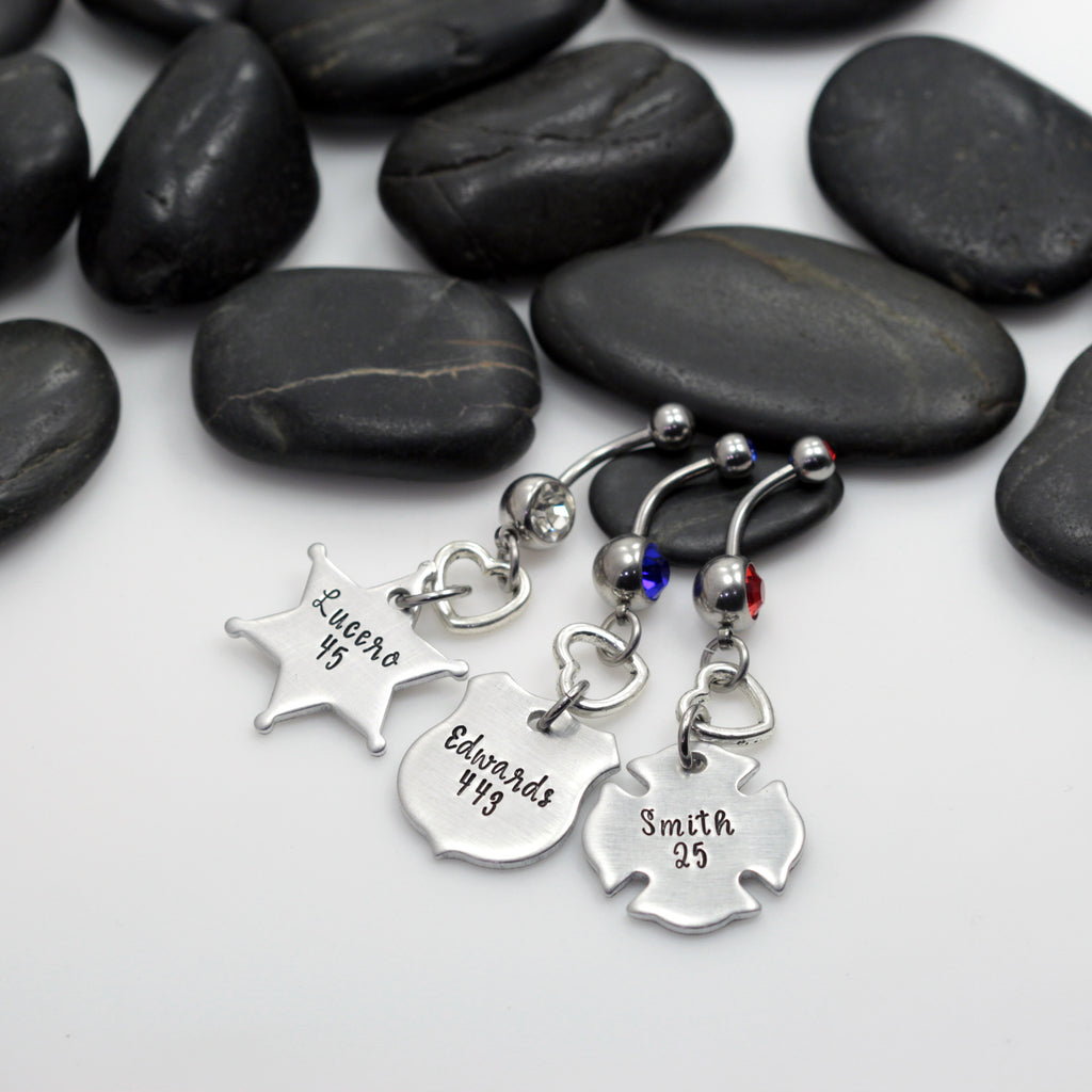 Name & Number Belly Ring | Maltese Cross | Firefighter | Police Officer Badge | Deputy Sheriff Badge - Hand Stamped