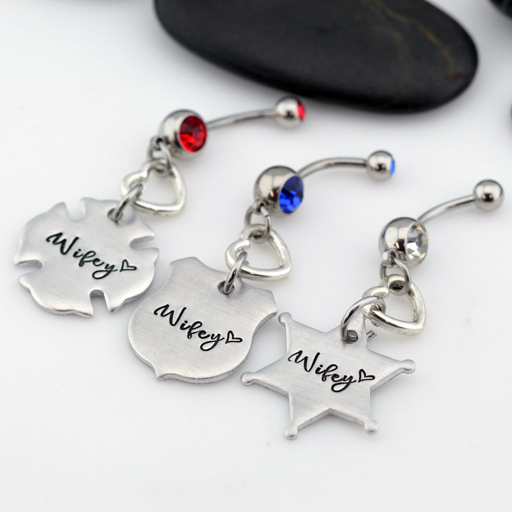 Wifey Belly Ring | Maltese Cross | Firefighter | Police Officer Badge | Deputy Sheriff Badge - Hand Stamped