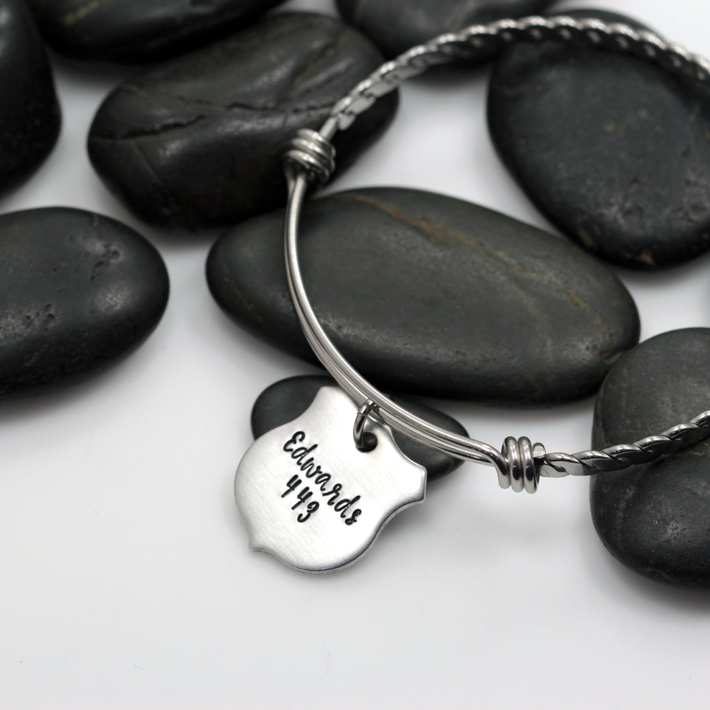 Name and Number Bangle | Maltese Cross | Firefighter | Police Officer Badge | Deputy Sheriff Badge - Hand Stamped