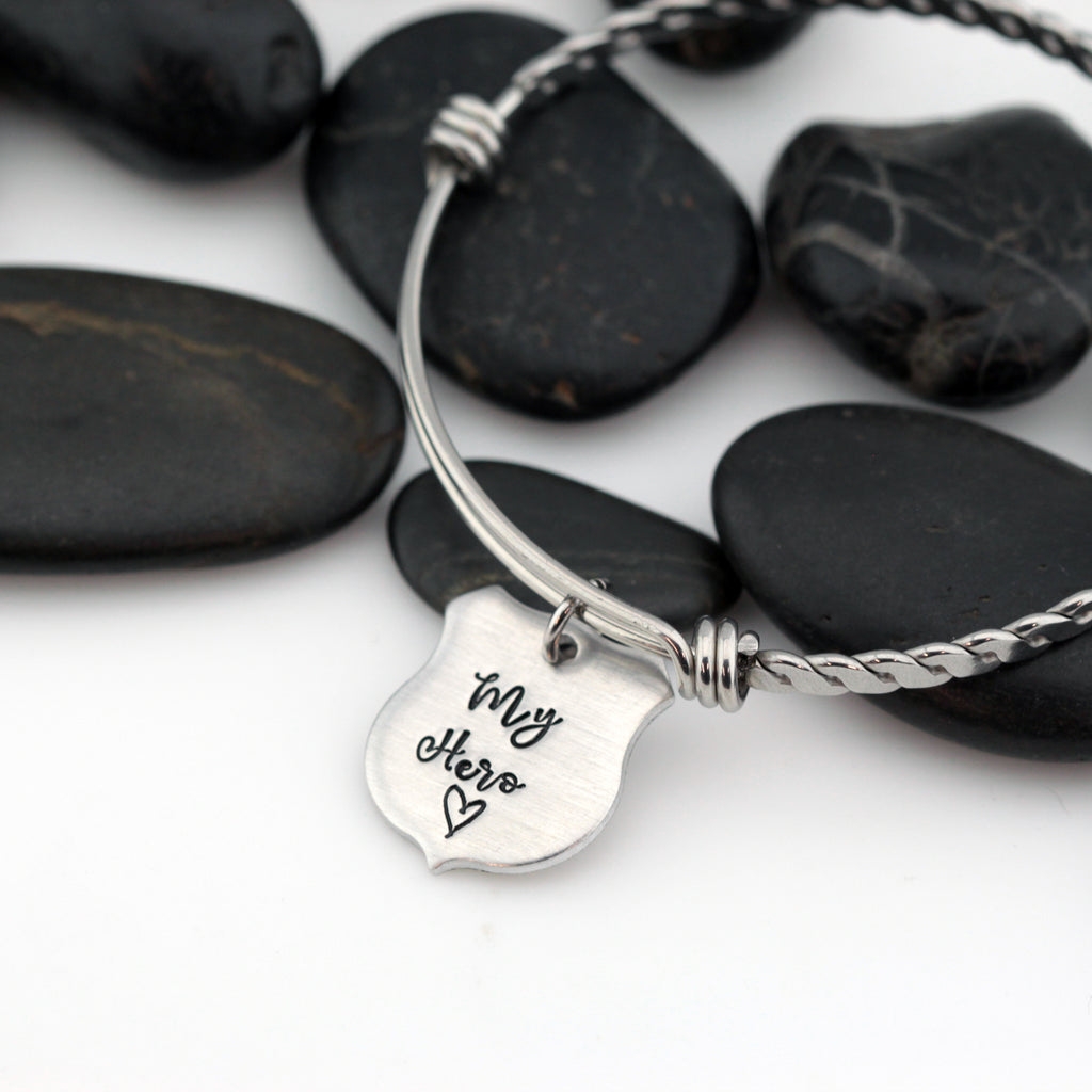 My Hero Bangle | Maltese Cross | Firefighter | Police Officer Badge | Deputy Sheriff Badge | Dog Tag - Hand Stamped