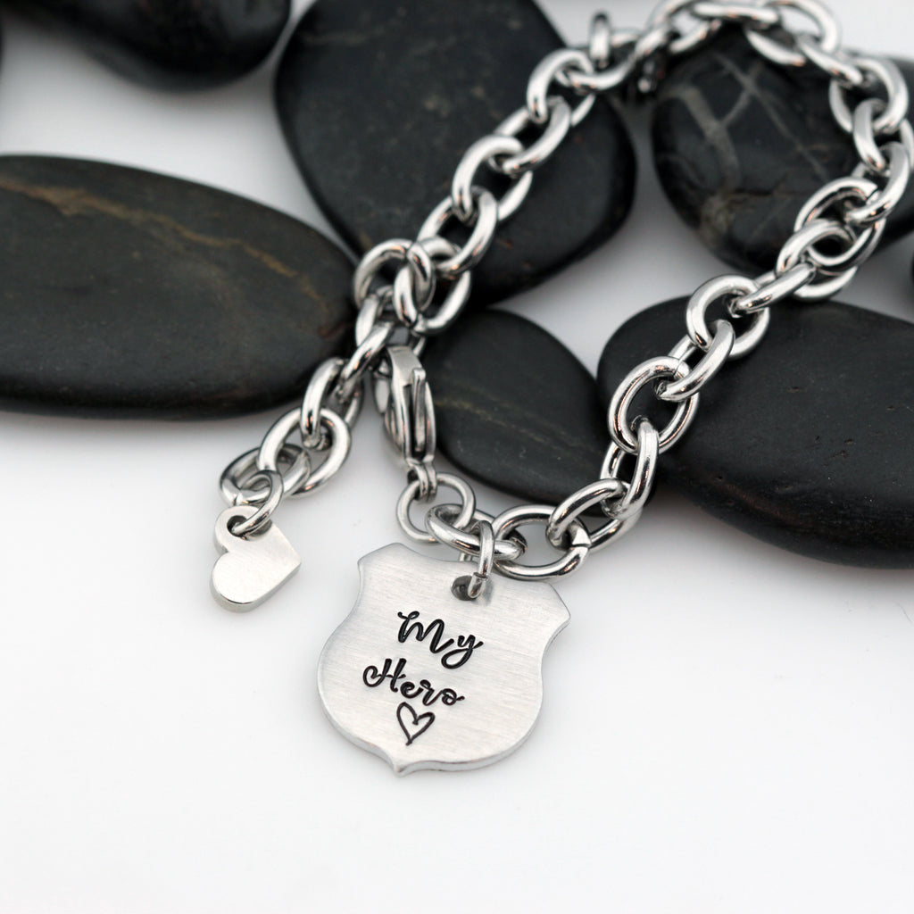 My Hero Bracelet | Maltese Cross | Firefighter | Police Officer Badge | Deputy Sheriff Badge | Dog Tag - Hand Stamped