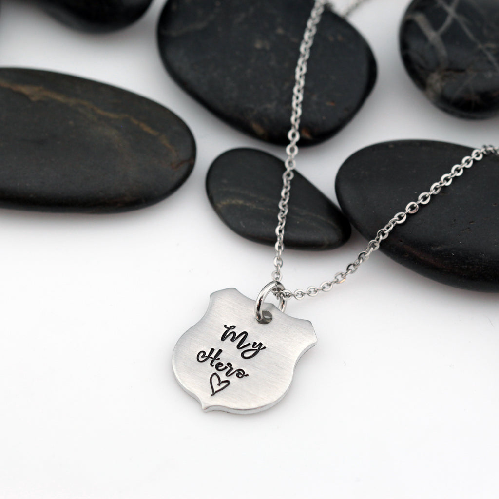 My Hero Necklace | Maltese Cross | Firefighter | Police Officer Badge | Deputy Sheriff Badge | Dog Tag - Hand Stamped