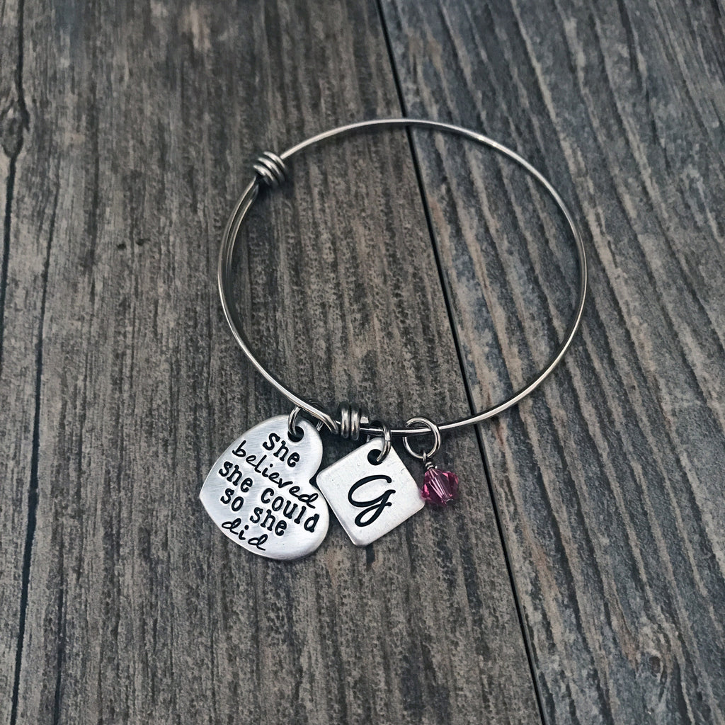 Personalized She Believed She Could So She Did Expandable Bangle - Hand Stamped