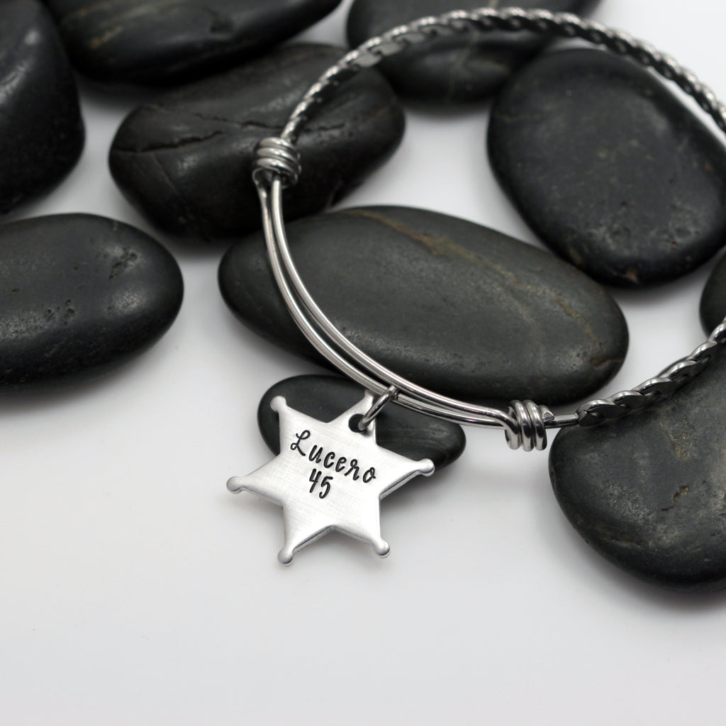Name and Number Bangle | Maltese Cross | Firefighter | Police Officer Badge | Deputy Sheriff Badge - Hand Stamped